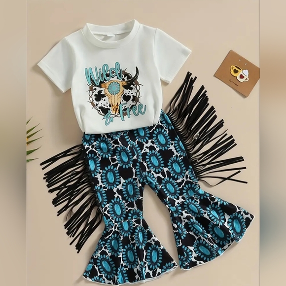 Girls "Wild and free" 2 PC western fringe flare stretch pants & matching T-shirt - Picture 2 of 6